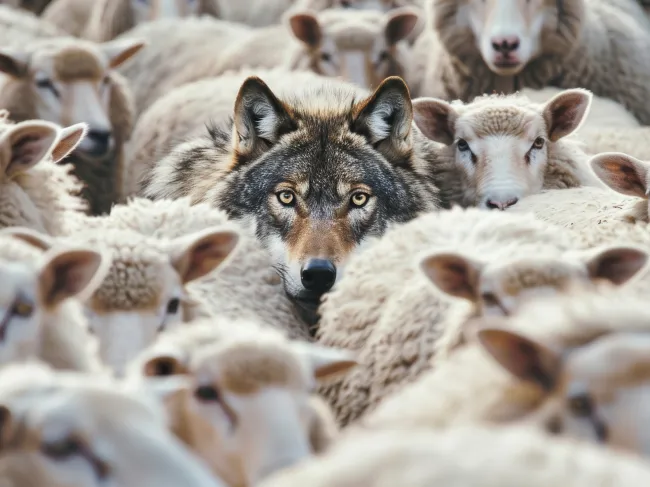 wolf hiding among a flock of sheep